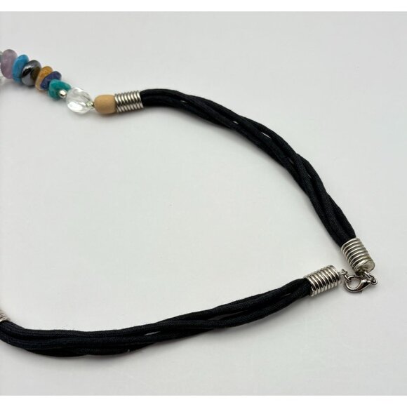 Vibrant Faux Stone Beaded Necklace with Black Cord & Silver Accents Boho Rainbow - Picture 5 of 7